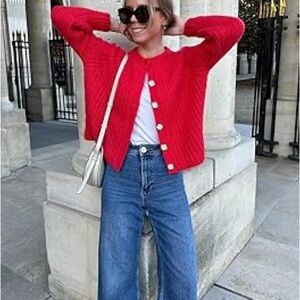 Red Button-Front Ribbed Cardigan Sweater